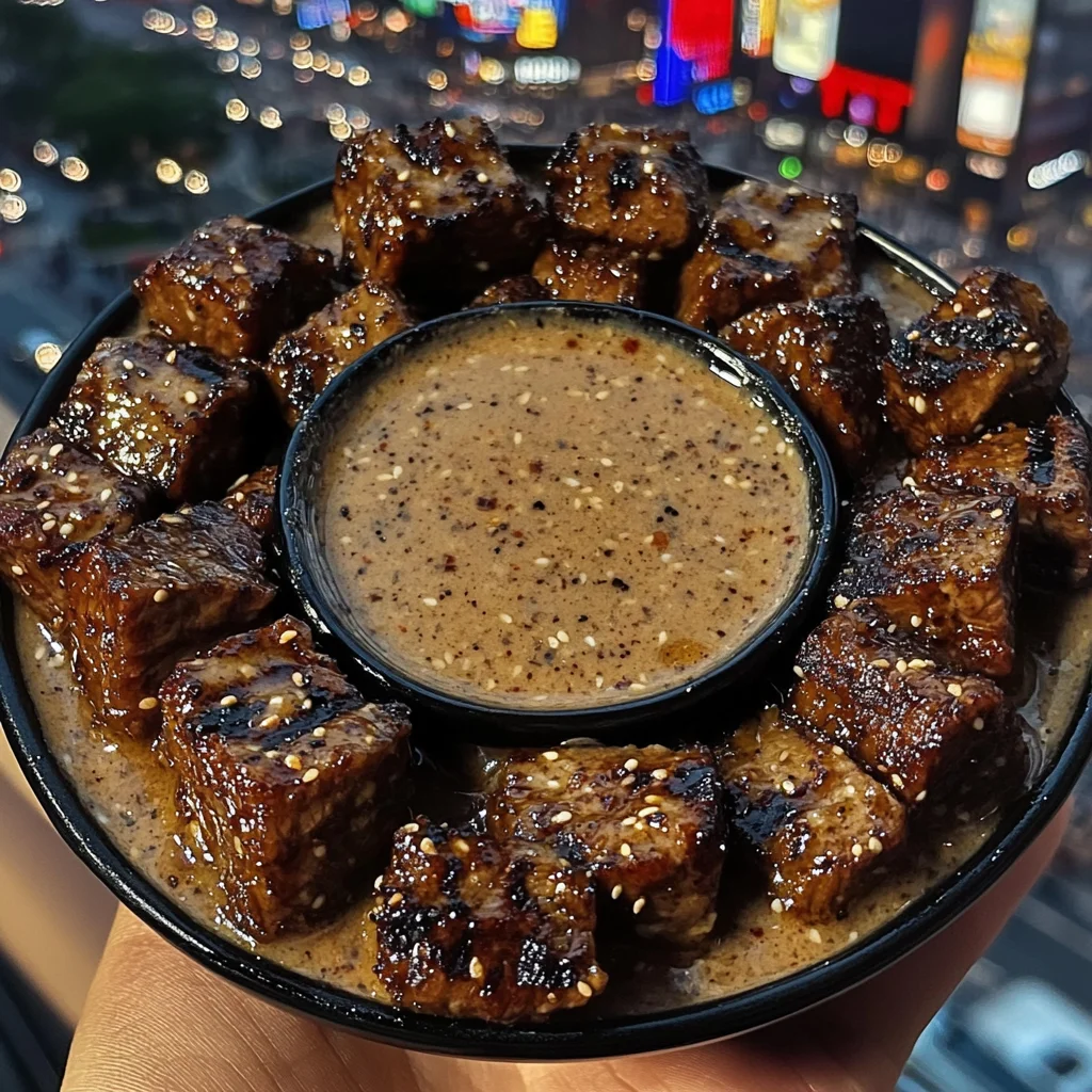 Korean BBQ Beef Cubes with Spicy Sesame Dipping Sauce