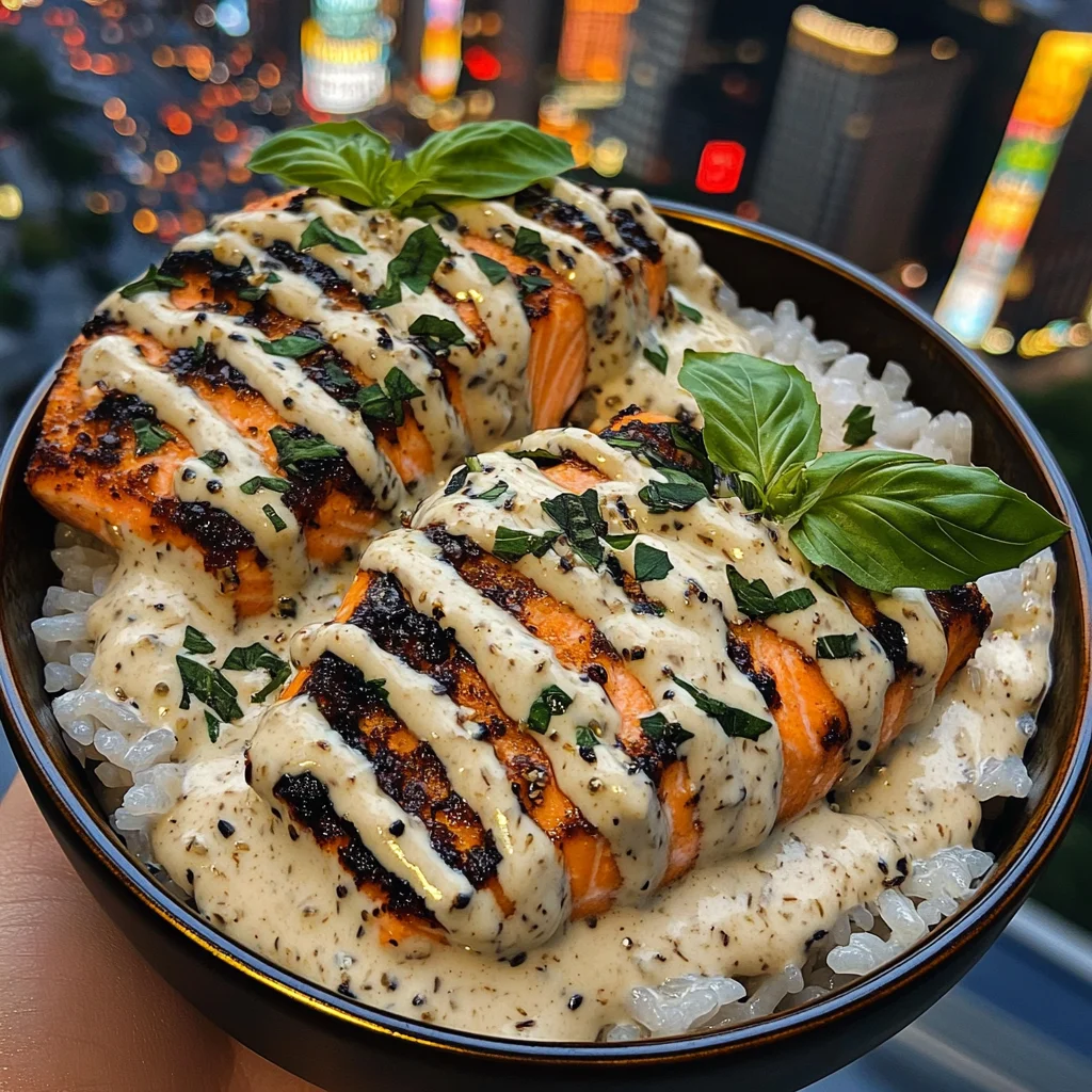 Lemon Basil Salmon Rice Bowls with Garlic Cream Sauce