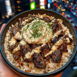 Lemon Garlic Beef Rice Bowls with Creamy Dill Dip
