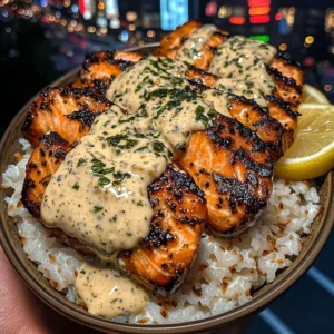 Lemon Garlic Salmon Rice Bowls with Creamy Herb Sauce