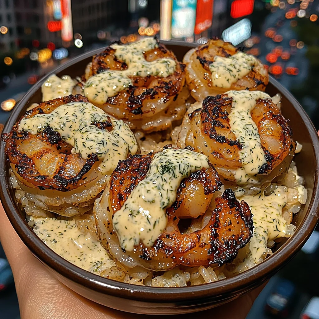 Lemon Garlic Shrimp Rice Bowls with Creamy Dill Sauce