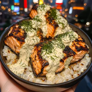 Lemon Herb Salmon Rice Bowls with Creamy Dill Sauce