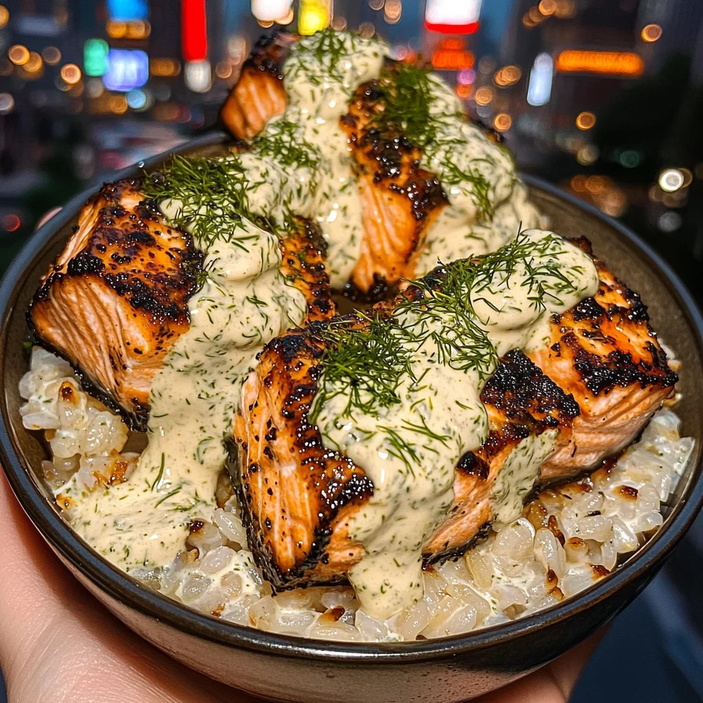 Lemon Herb Salmon Rice Bowls with Creamy Dill Sauce