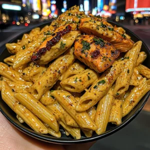 Penne in Sun-Dried Tomato Basil Cream Sauce with Seared Salmon