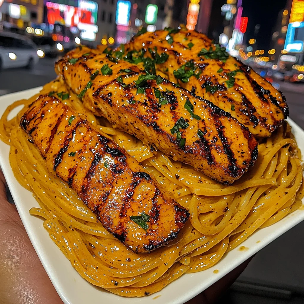 Spaghetti in Creamy Garlic Parmesan Sauce with Blackened Tilapia
