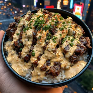 Spicy Beef Rice Bowls with Chili Garlic Cream Sauce