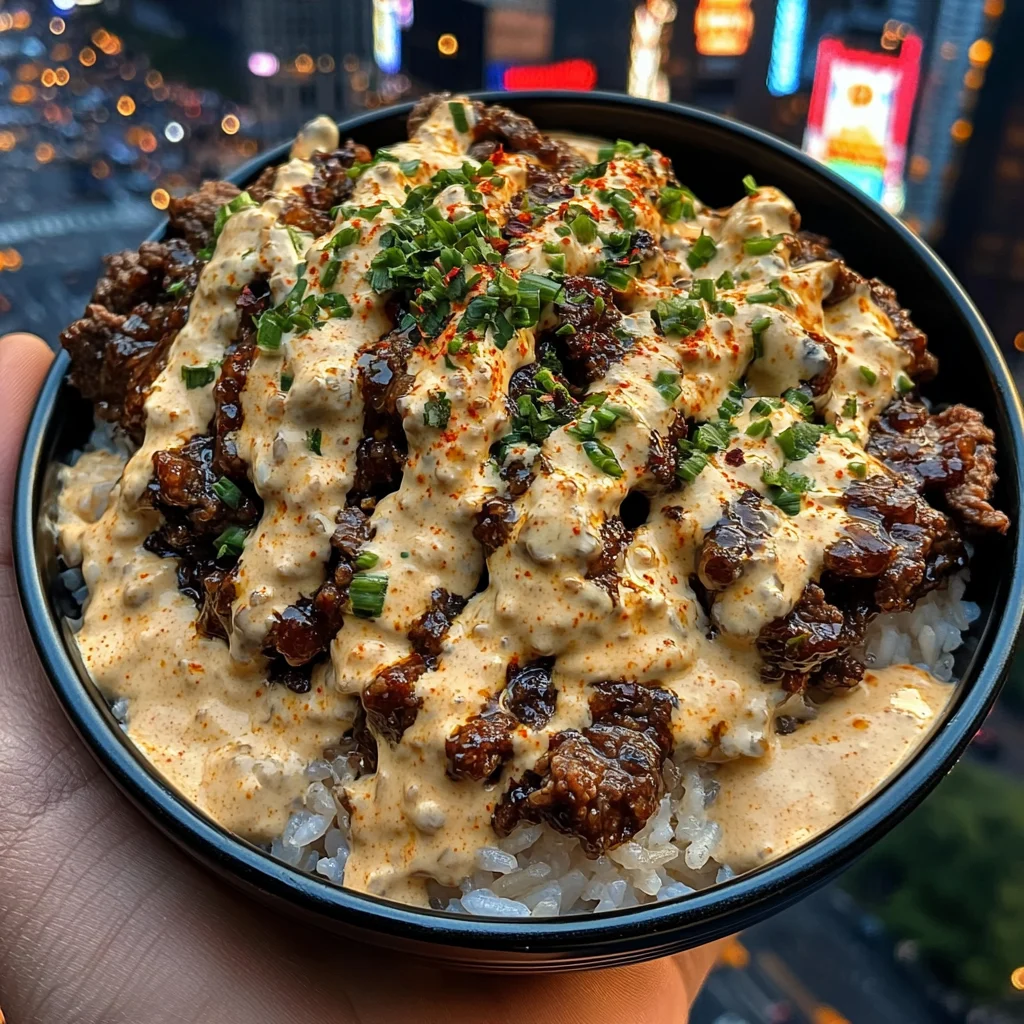 Spicy Beef Rice Bowls with Chili Garlic Cream Sauce