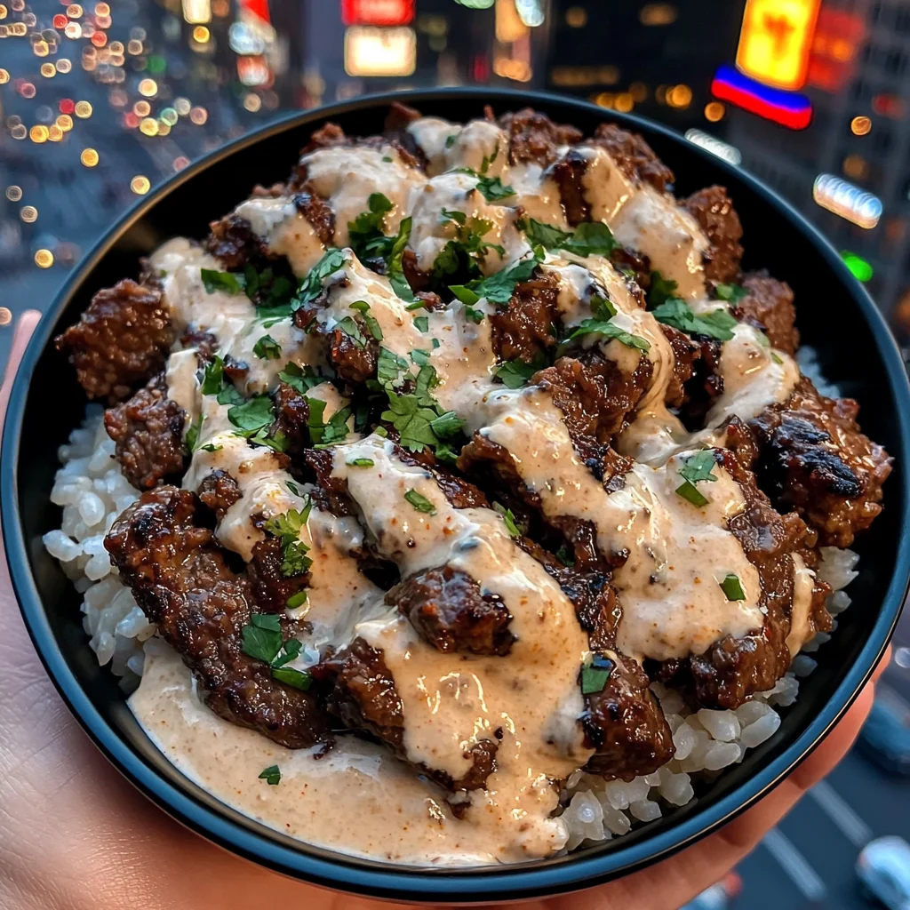 Spicy Beef Rice Bowls with Chipotle Lime Crema