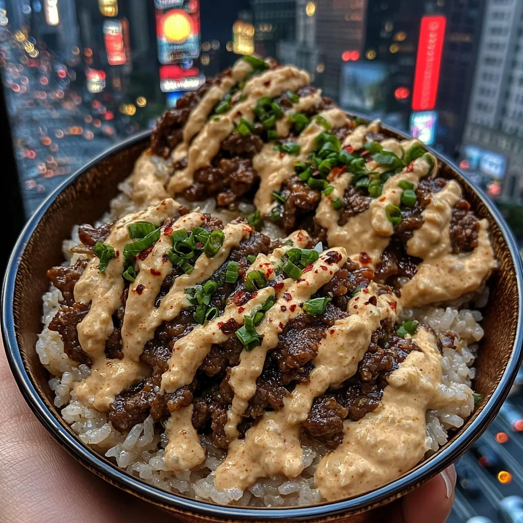 Spicy Beef Rice Bowls with Garlic Chili Mayo