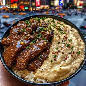 Spicy Beef Rice Bowls with Garlic Pepper Cream