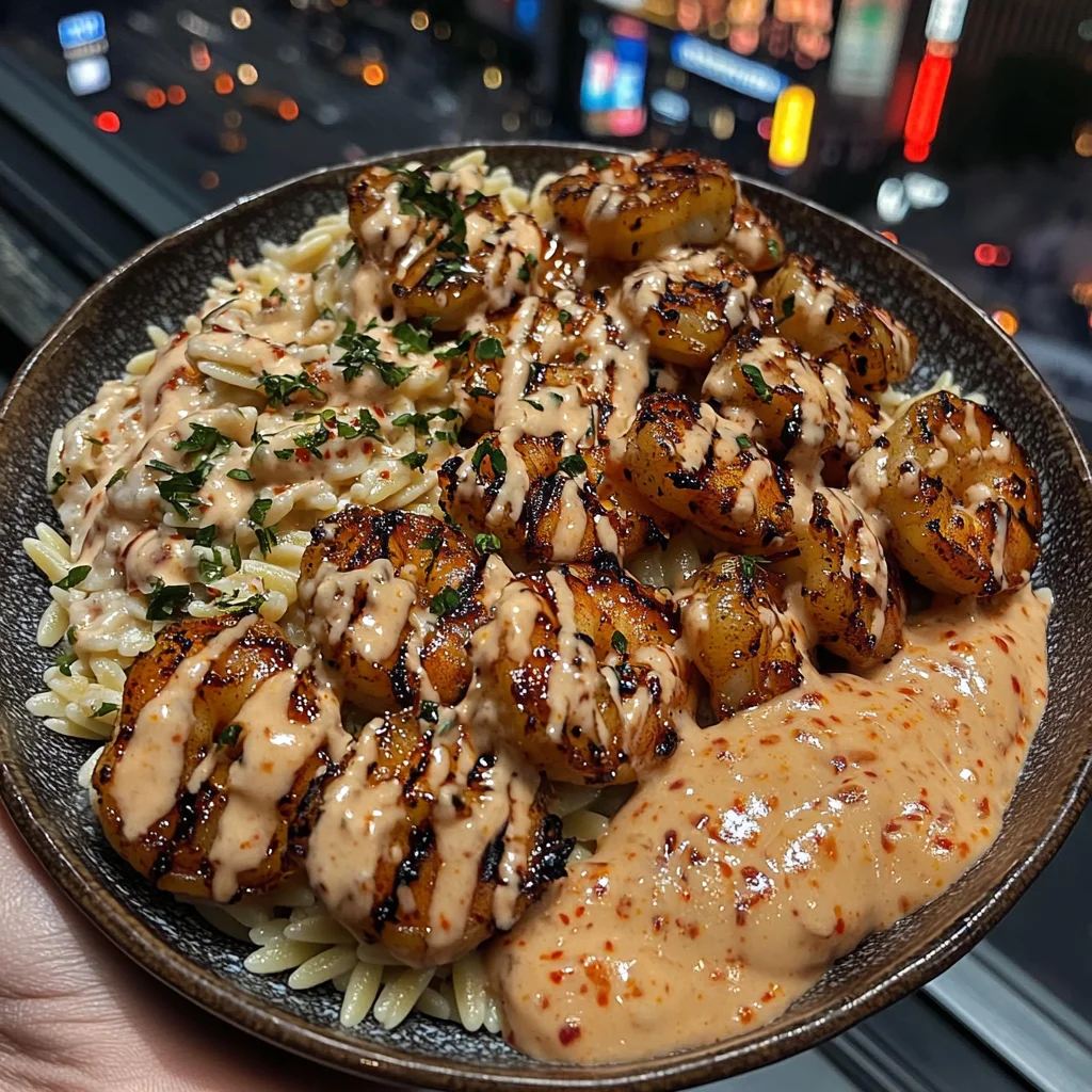 Spicy Honey Garlic Shrimp and orzo with Chili Sauce