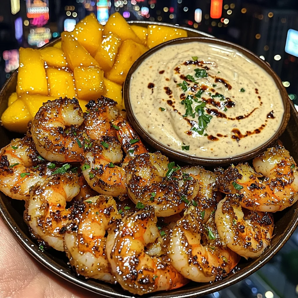 Spicy Honey shrimps and mango with Creamy Garlic Dip