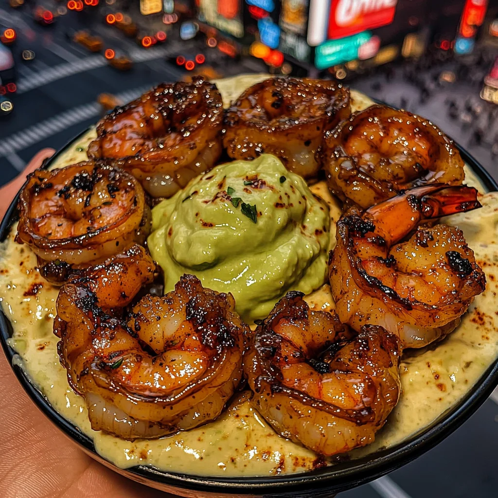 Sticky Honey Garlic shrimps with Creamy Avocado Sauce