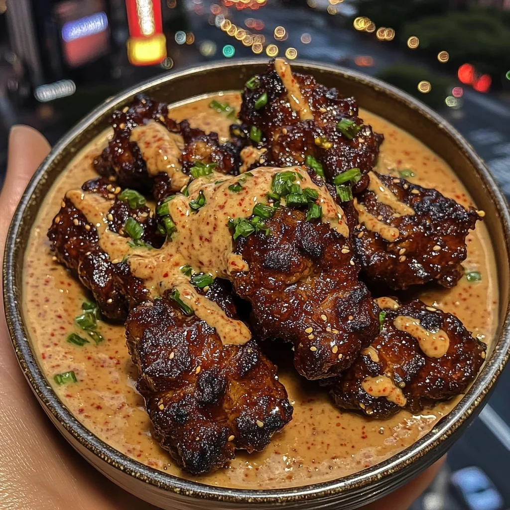 Sticky Honey Soy Beef Bites with Creamy Gochujang Dip