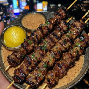 Sticky Honey Soy Beef Skewers with Lemon Dipping Sauce