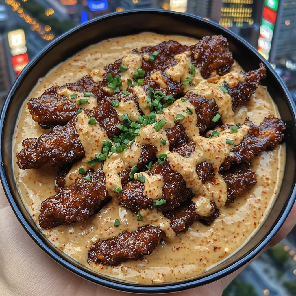 Sticky Korean Beef Strips with Creamy Gochujang Dip