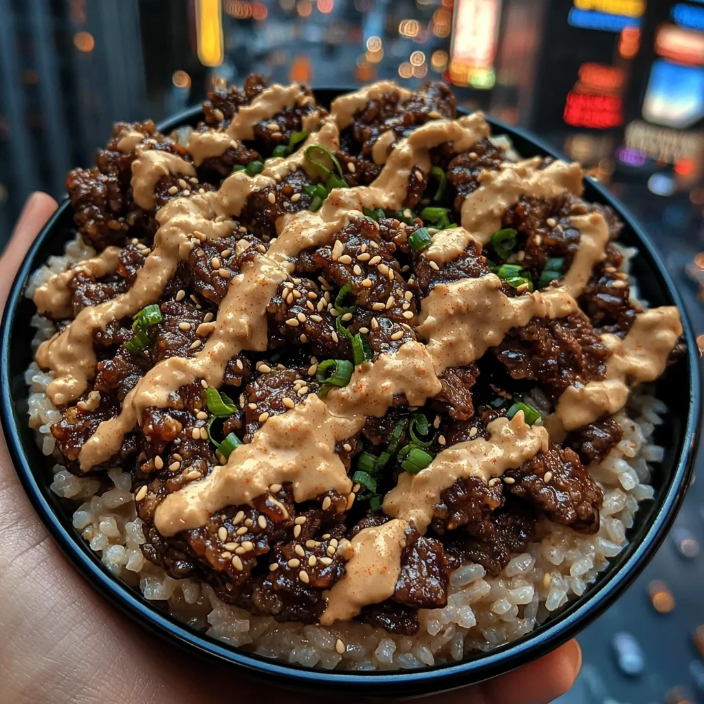Sweet Chili Beef Rice Bowls with Sesame Ginger Drizzle