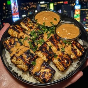 Sweet Chili Tofu Rice Bowls with Peanut Dipping Sauce
