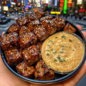 Sweet Soy Beef Cubes with Tangy Sesame Dip