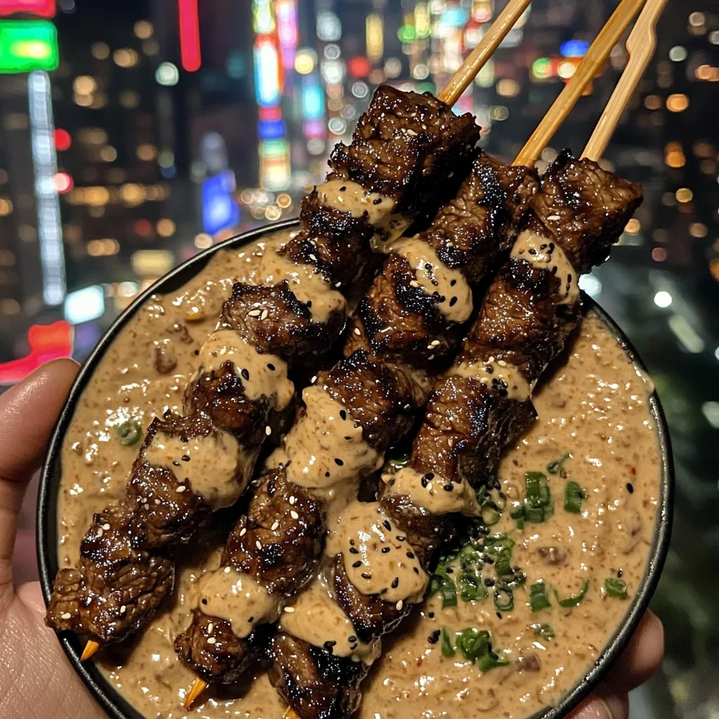 Sweet Teriyaki Beef Skewers with Creamy Sesame Dip