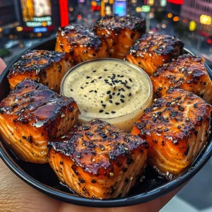 Teriyaki Glazed Salmon Bites with Creamy Sesame Dip