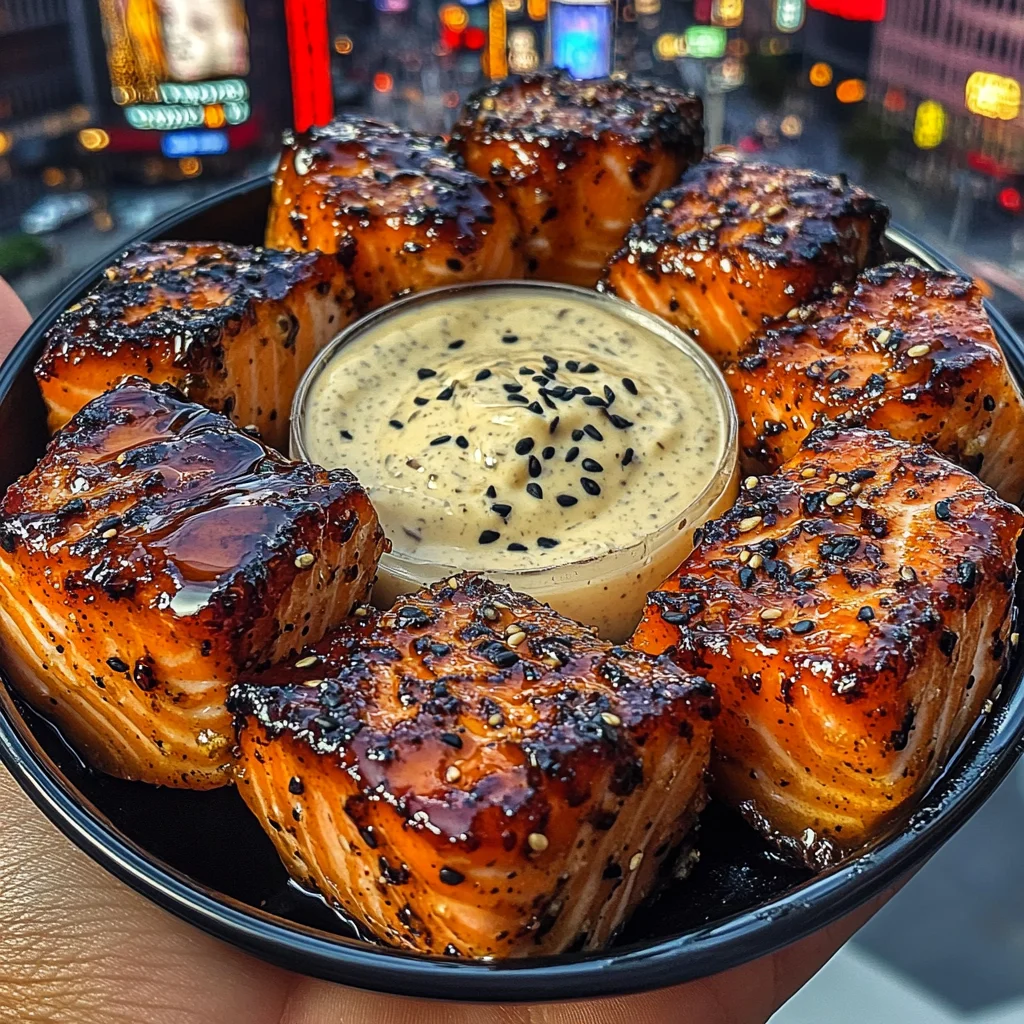 Teriyaki Glazed Salmon Bites with Creamy Sesame Dip