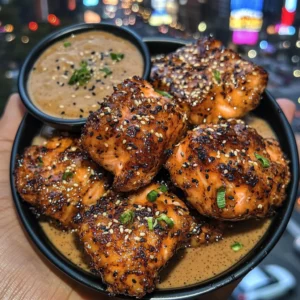 Teriyaki Glazed Salmon Nuggets with Sesame Dip