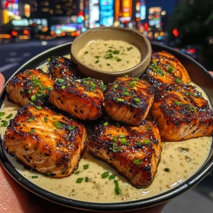Teriyaki Salmon Bites with Creamy Garlic Dip