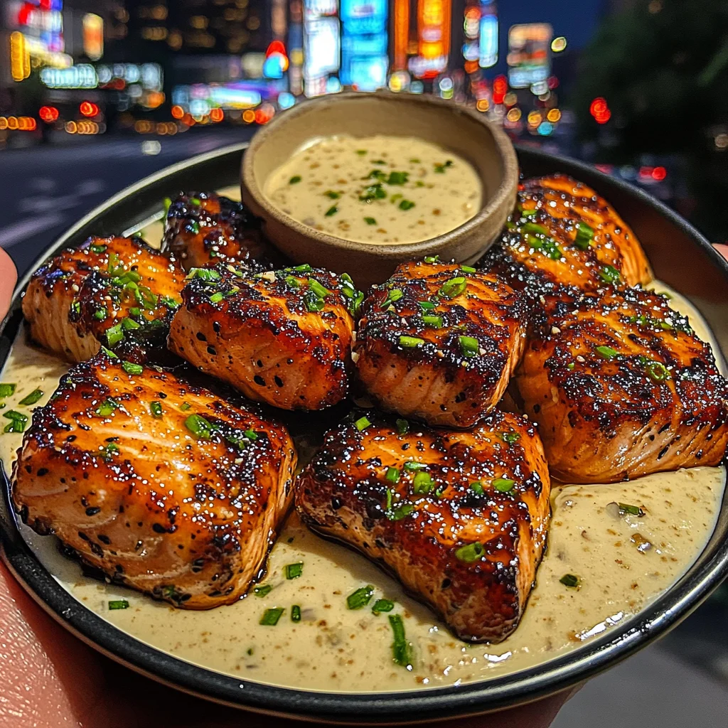Teriyaki Salmon Bites with Creamy Garlic Dip