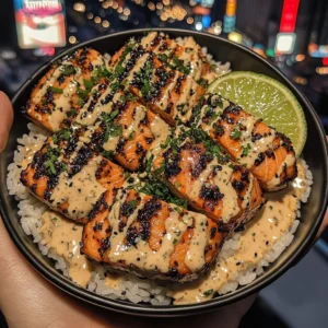 Teriyaki Salmon Rice Bowls with Chili Lime Drizzle