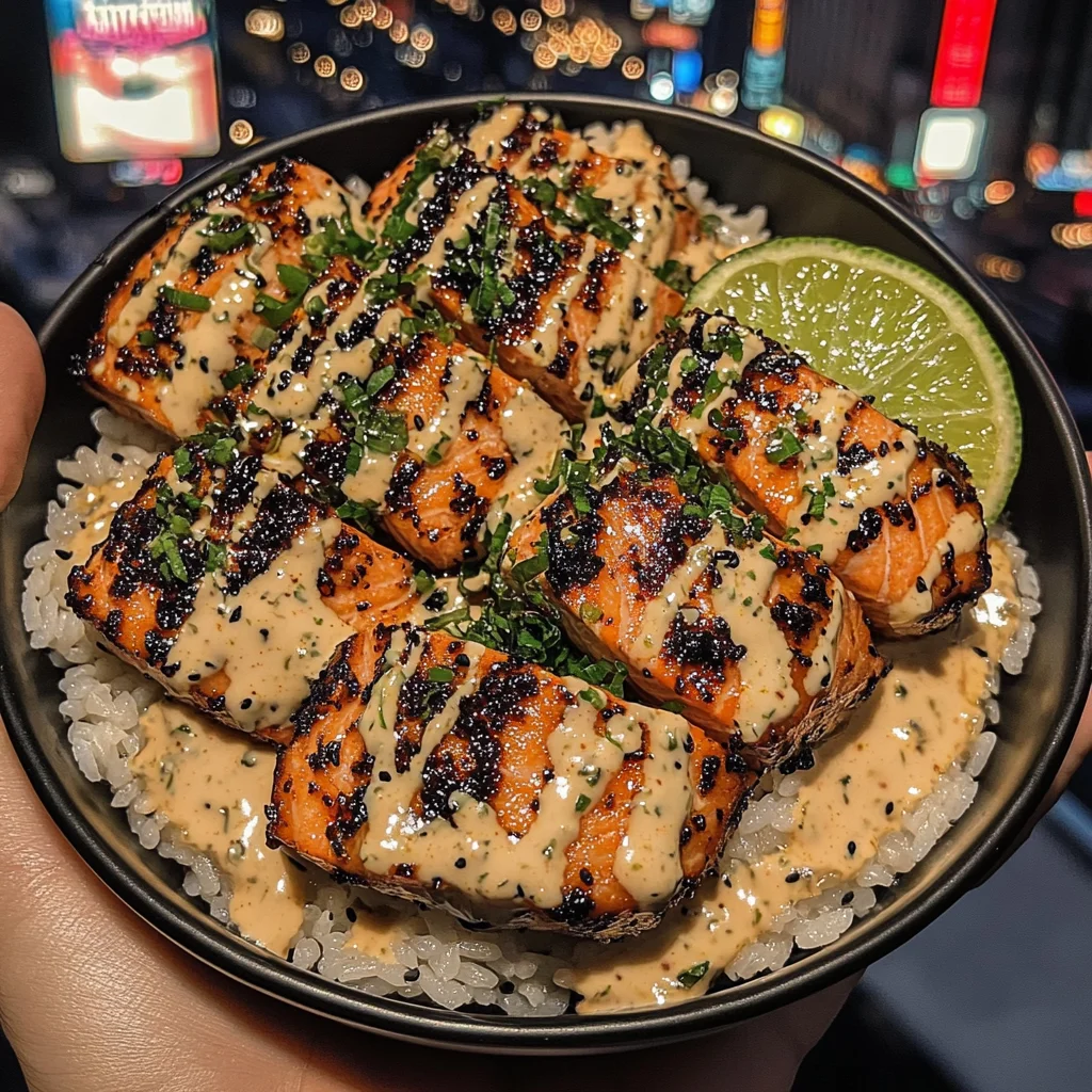 Teriyaki Salmon Rice Bowls with Chili Lime Drizzle