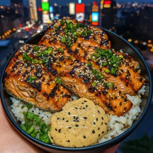 Teriyaki Salmon Rice Bowls with Spicy Wasabi Mayo