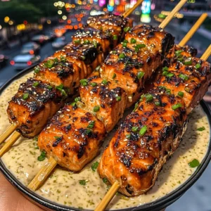 Teriyaki Salmon Skewers with Garlic Lime Dip
