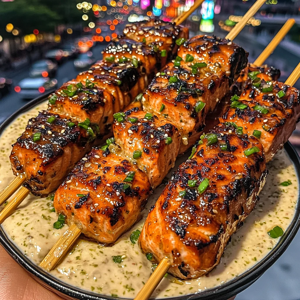 Teriyaki Salmon Skewers with Garlic Lime Dip