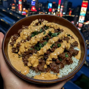 Thai Curry Beef Rice Bowls with Coconut Peanut Sauce