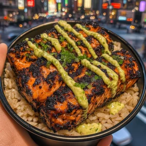 Blackened Salmon Rice Bowls with Avocado Lime Drizzle