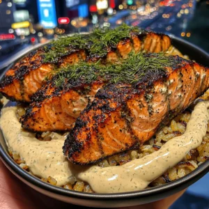 Blackened Salmon Rice Bowls with Creamy Dill Sauce