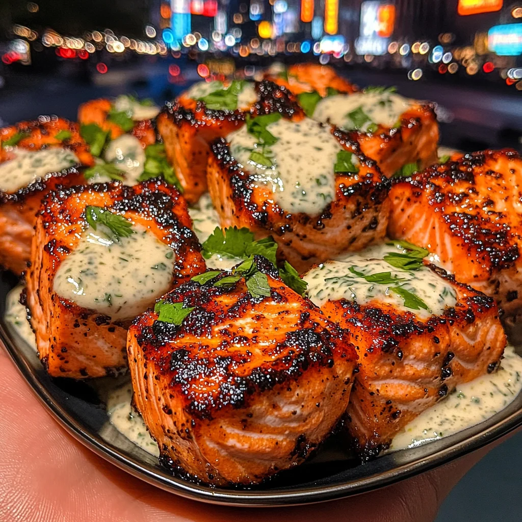Cajun Salmon Cubes with Cool Cilantro Yogurt Sauce