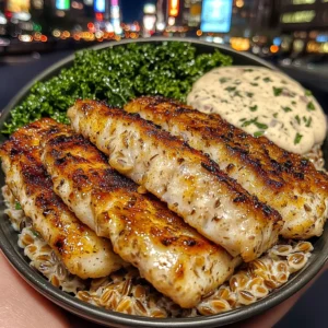 Cod Strips with Farro & Kale Salad, Creamy Roasted Garlic Herb Sauce