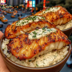 Crispy Fish Rice Bowls with Tangy Herb Yogurt Sauce