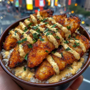 Crispy Fish Strips Rice Bowls with Spicy Lemon Ranch
