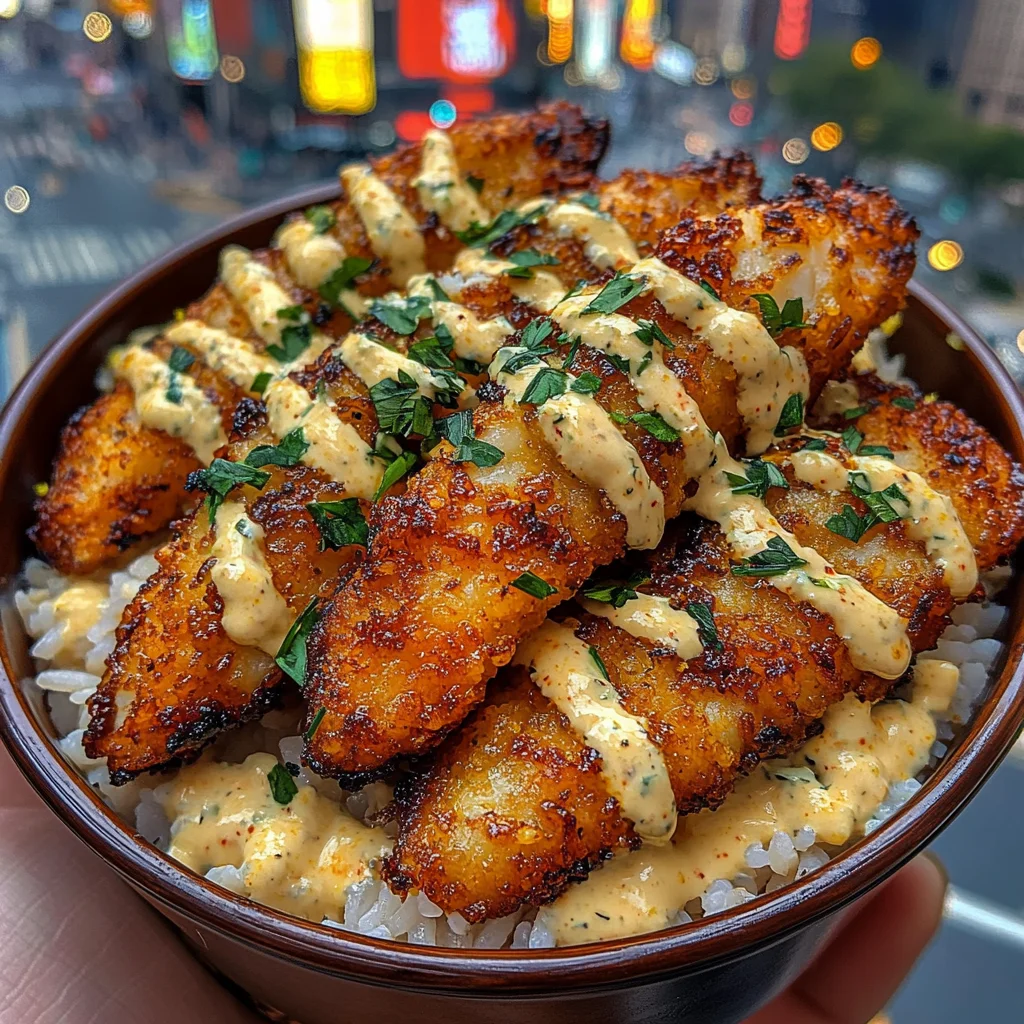 Crispy Fish Strips Rice Bowls with Spicy Lemon Ranch
