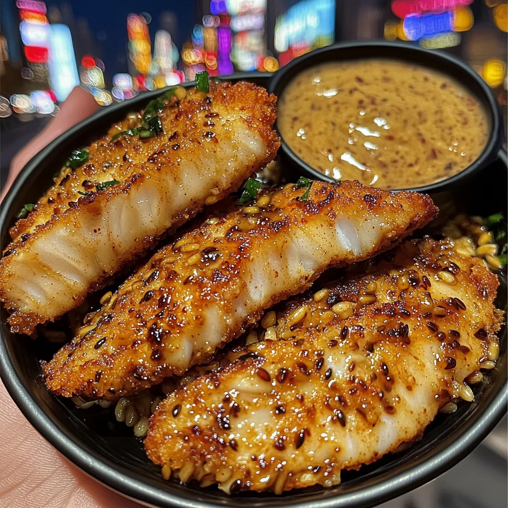 Crispy Fish Strips with Autumn Harvest Farro & Maple-Mustard Dipping Sauce