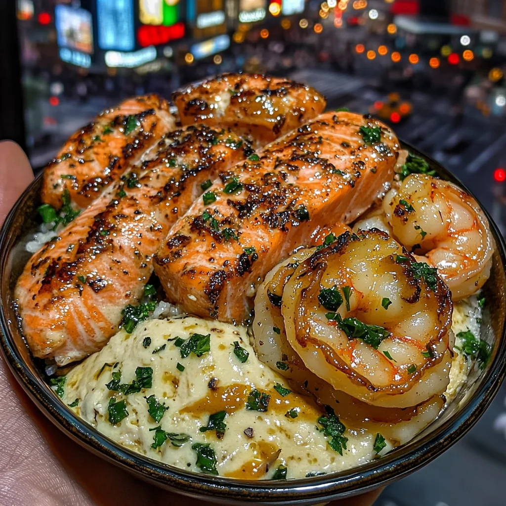 Garlic Butter Shrimp and Salmon Bliss Bowls