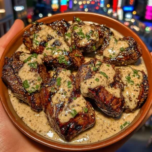 Garlic Butter Steak Tips with Creamy Peppercorn Sauce