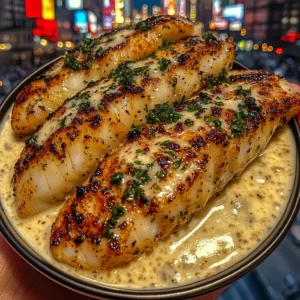 Garlic Herb Cod Strips with Creamy Lemon Sauce