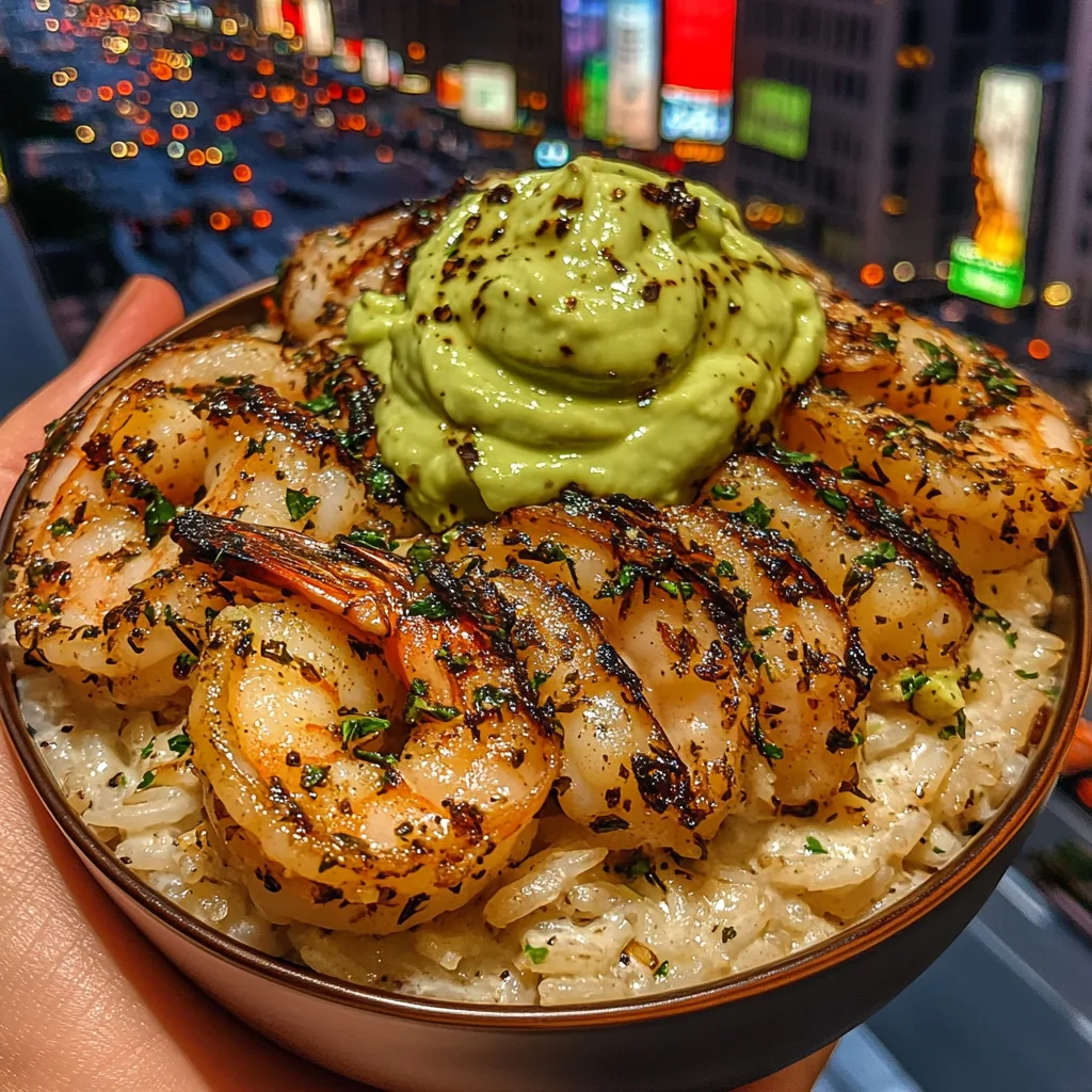 Garlic Herb Shrimp Rice Bowls with Creamy Avocado Sauce