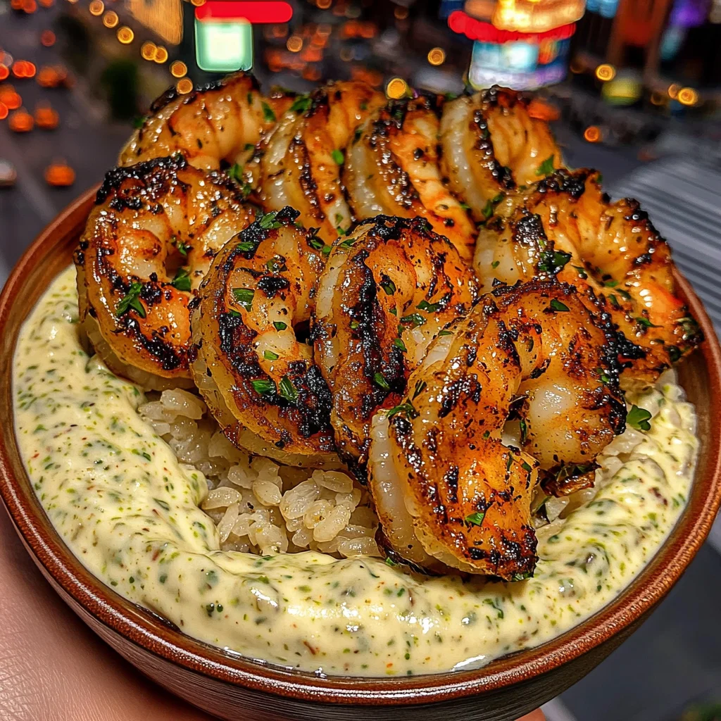 Garlic Herb Shrimp Rice Bowls with Creamy Cilantro Sauce