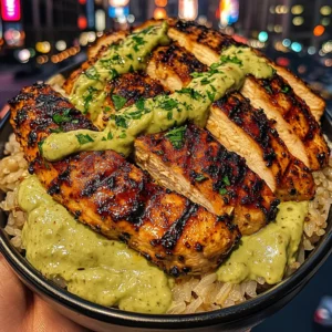 Grilled Chicken Rice Bowls with Creamy Avocado Sauce