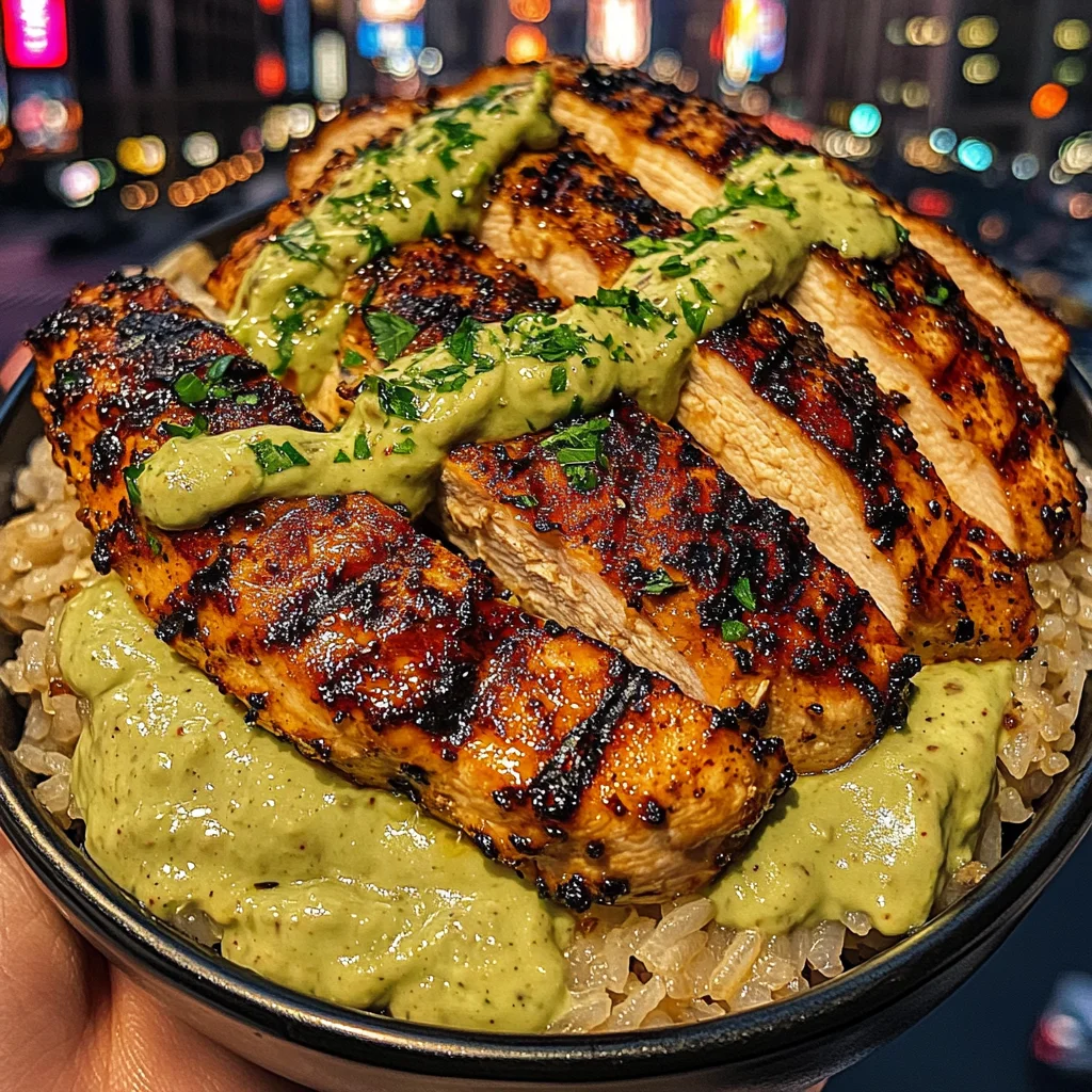 Grilled Chicken Rice Bowls with Creamy Avocado Sauce